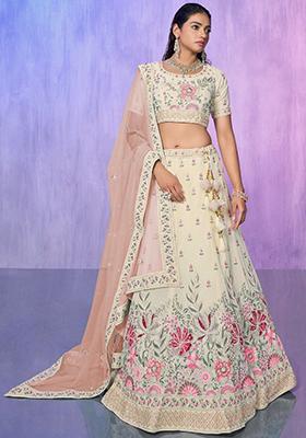 White Floral Print Georgette Lehenga Set