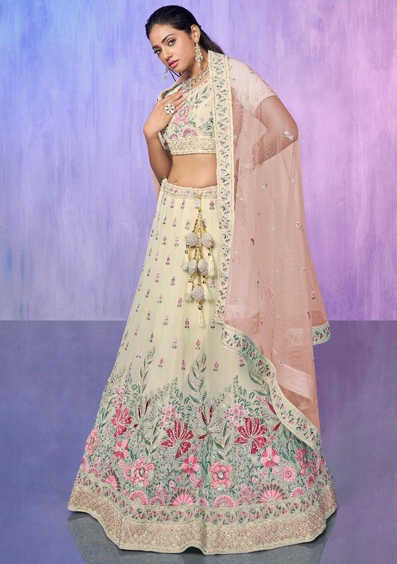 White Floral Print Georgette Lehenga Set
