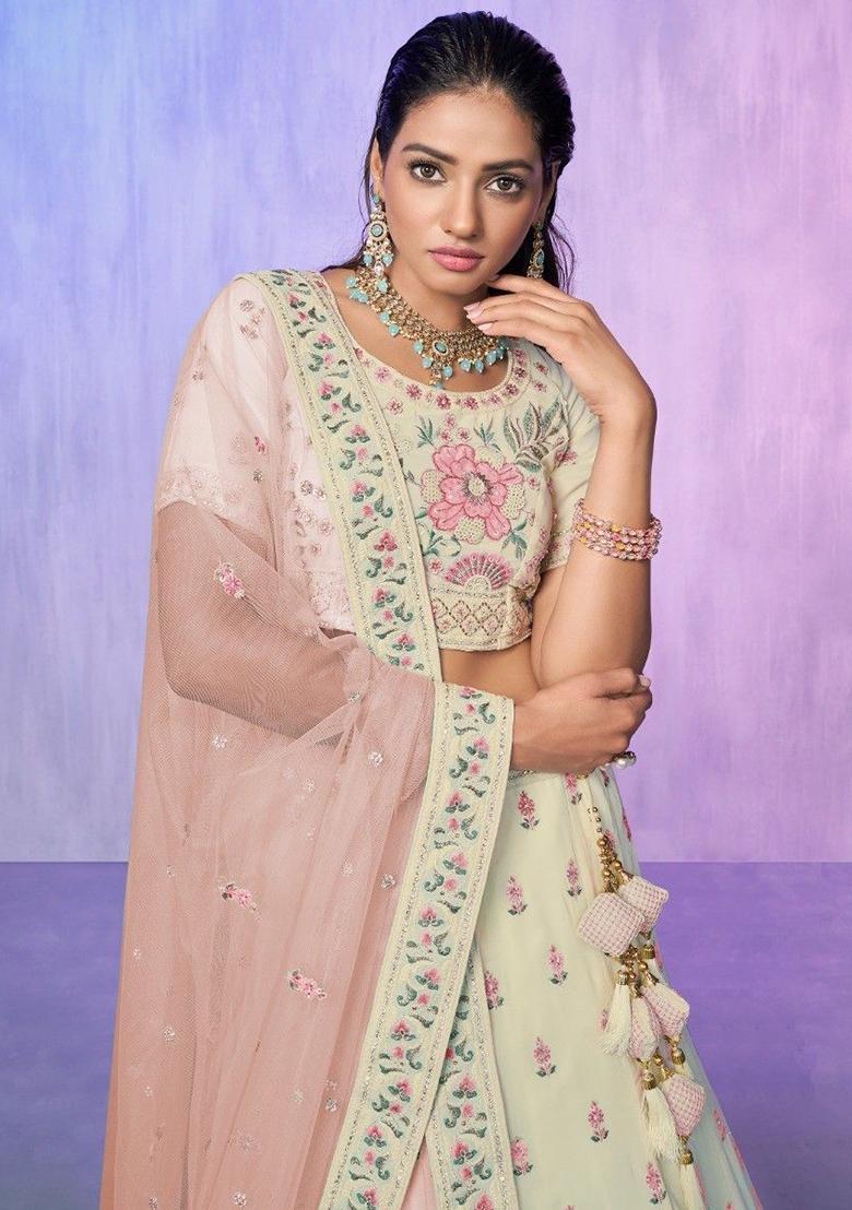 White Floral Print Georgette Lehenga Set