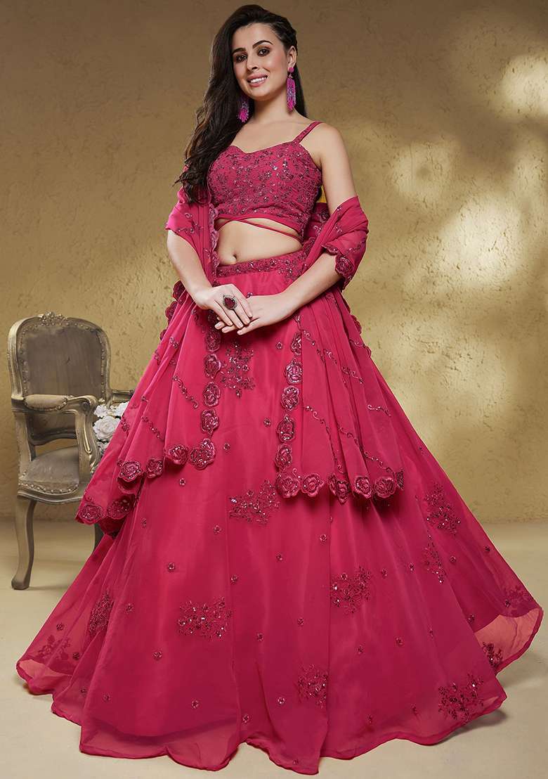 Pink Georgette Lehenga Set with Embroidered & Sequin for Diwali | Wedding & Festive Wear - Indya