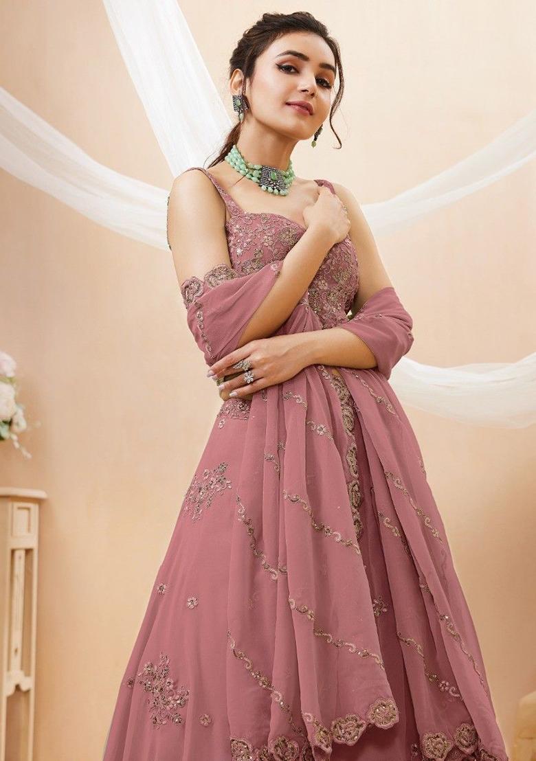 Pink Sequin Embroidered Georgette Lehenga Set