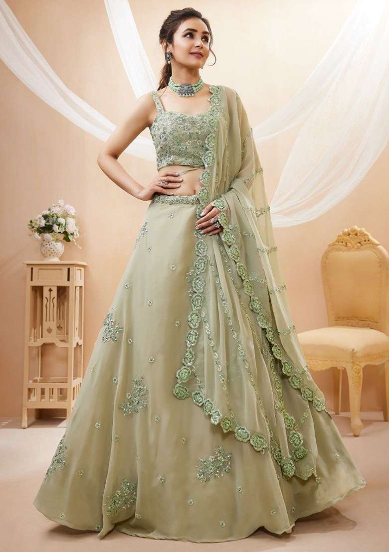Green Georgette Lehenga Set with Embroidered & Sequin for Diwali | Wedding & Festive Wear - Indya