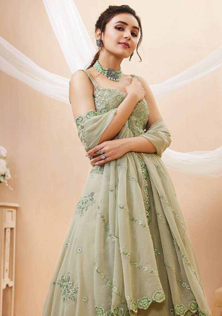 Green Georgette Lehenga Set with Embroidered & Sequin for Diwali | Wedding & Festive Wear - Indya