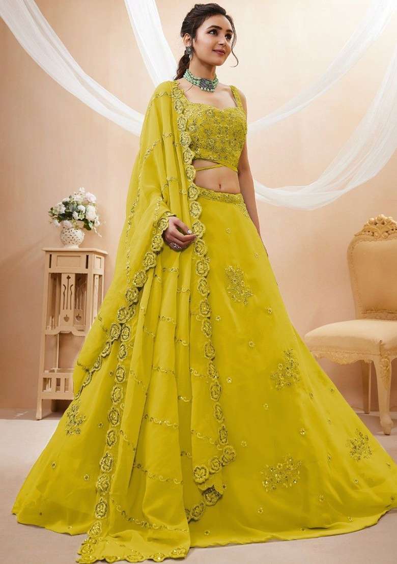 Yellow Sequin Embroidered Georgette Lehenga Set for Diwali and Festive Wear - Indya