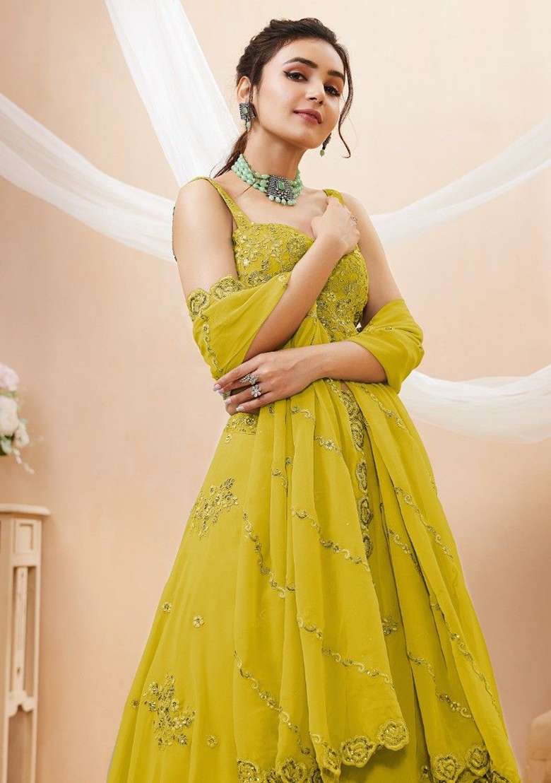 Yellow Sequin Embroidered Georgette Lehenga Set for Diwali and Festive Wear - Indya