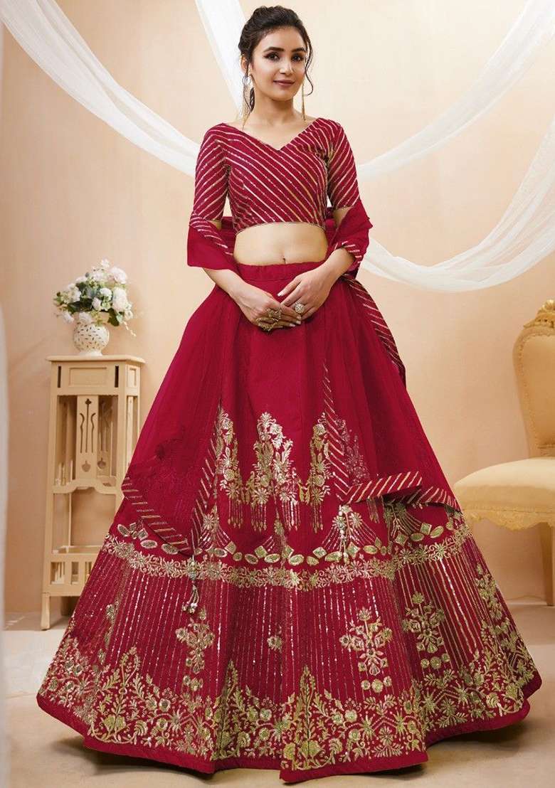 Red Sequin Embroidered Silk Blend Lehenga Set - Indya