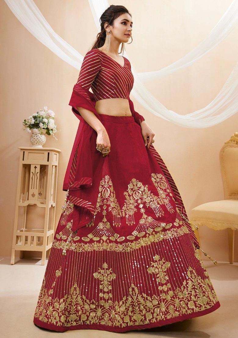 Red Sequin Embroidered Silk Lehenga Set