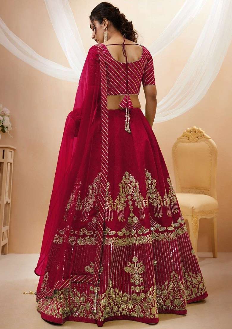 Red Sequin Embroidered Silk Blend Lehenga Set - Indya
