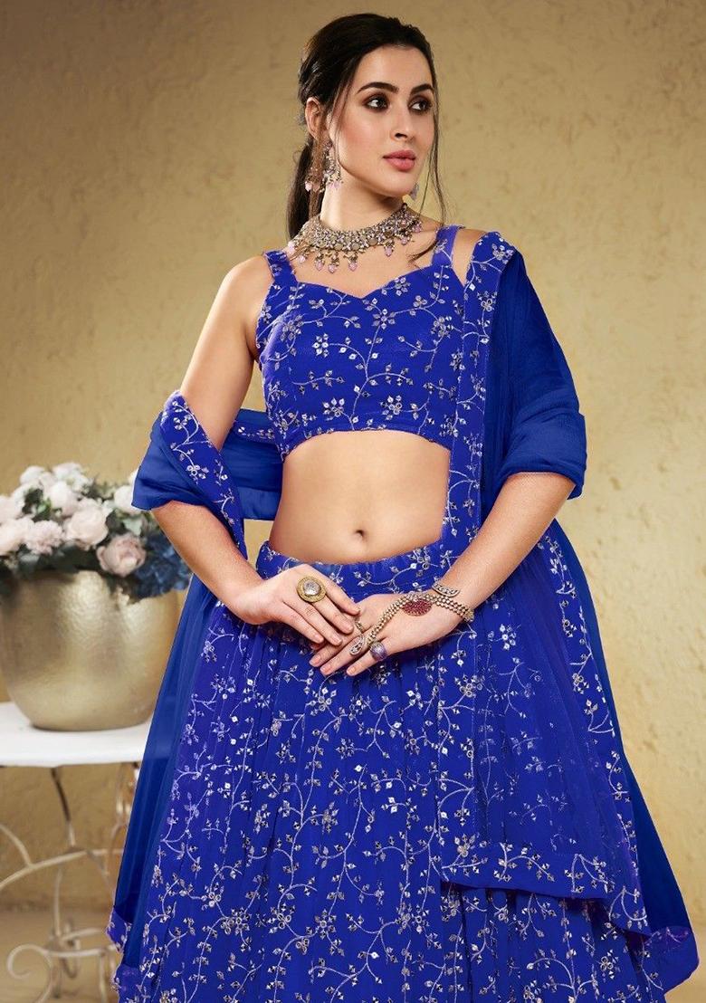 Blue Embroidered Georgette Lehenga Set