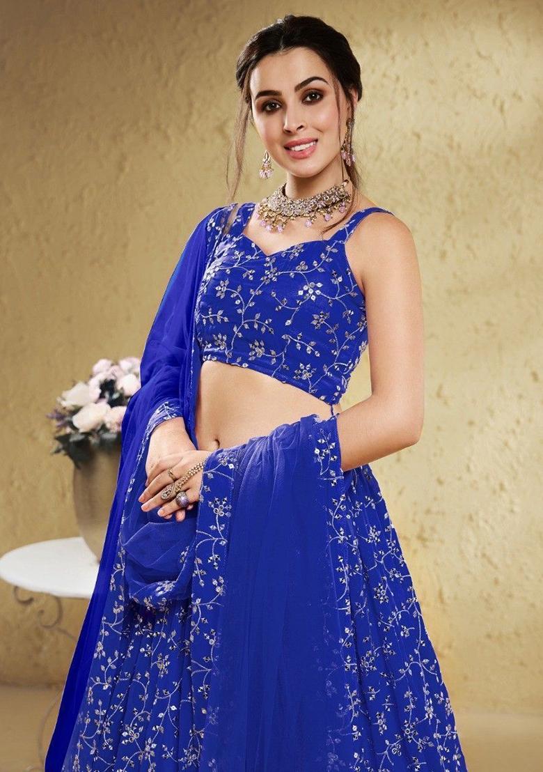 Blue Embroidered Georgette Lehenga Set