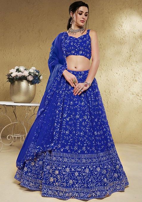 Blue Embroidered Georgette Lehenga Set