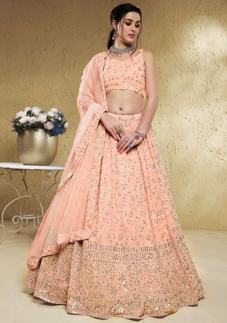 Pink Embroidered Georgette Lehenga Set for Diwali and Festive Wear - Indya