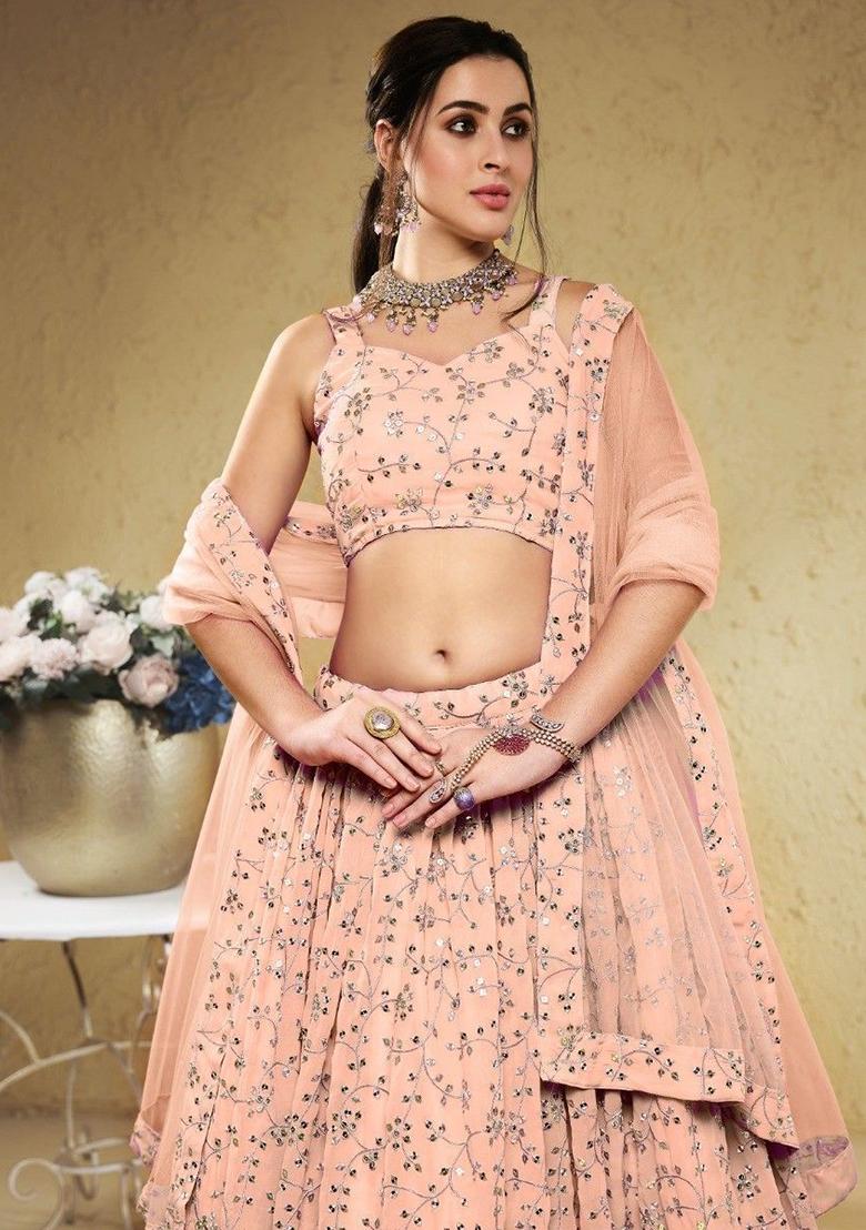 Pink Embroidered Georgette Lehenga Set