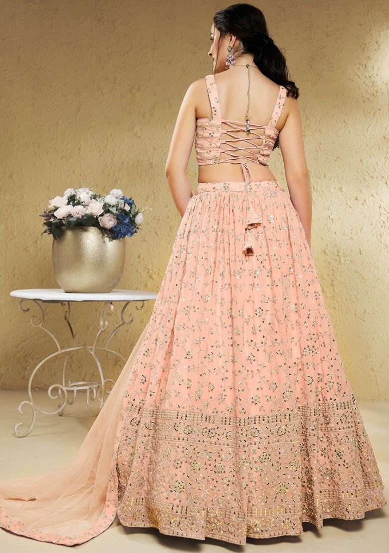 Pink Embroidered Georgette Lehenga Set for Diwali and Festive Wear - Indya