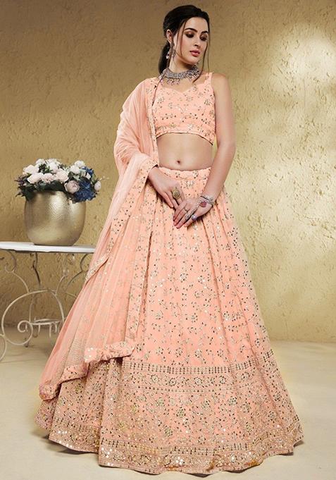 Pink Embroidered Georgette Lehenga Set