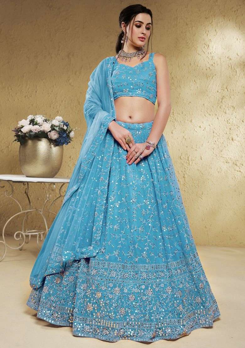 Sky Blue Embroidered Georgette Lehenga Set for Diwali and Festive Wear - Indya