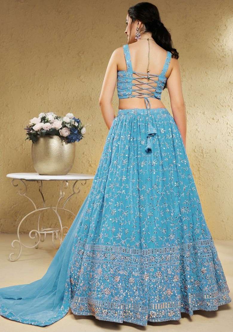 Sky Blue Embroidered Georgette Lehenga Set for Diwali and Festive Wear - Indya