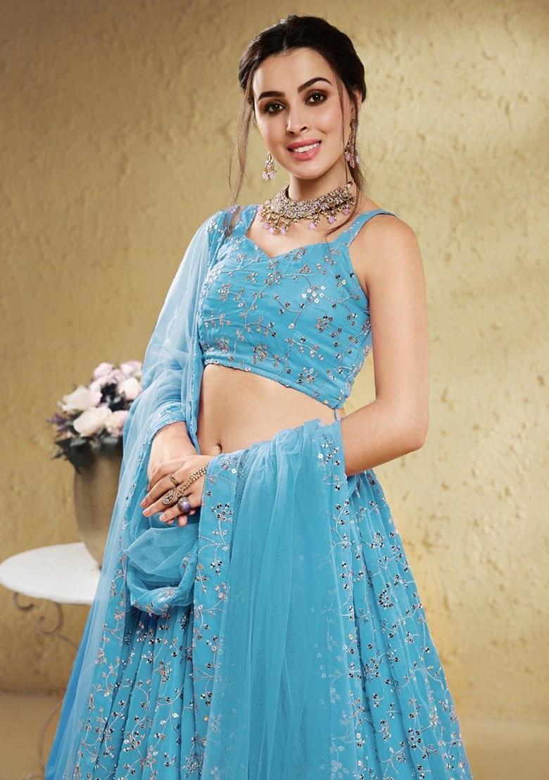 Sky Blue Embroidered Georgette Lehenga Set
