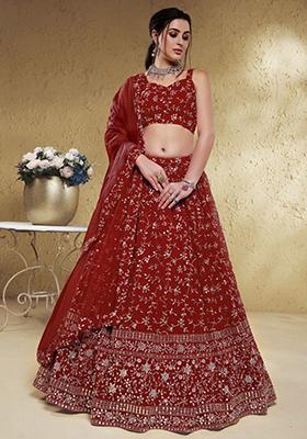 Red Embroidered Georgette Lehenga Set