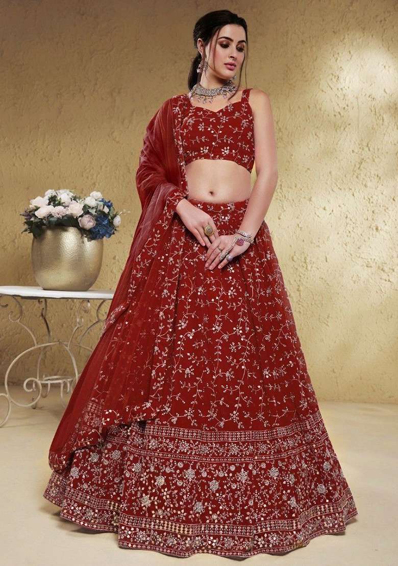 Red Georgette Lehenga Set with Embroidered for Diwali | Wedding & Festive Wear - Indya