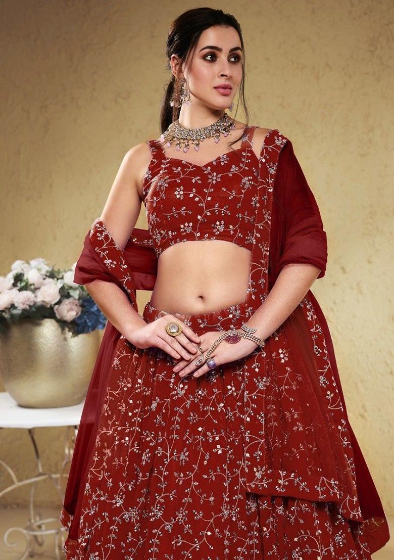 Red Embroidered Georgette Lehenga Set