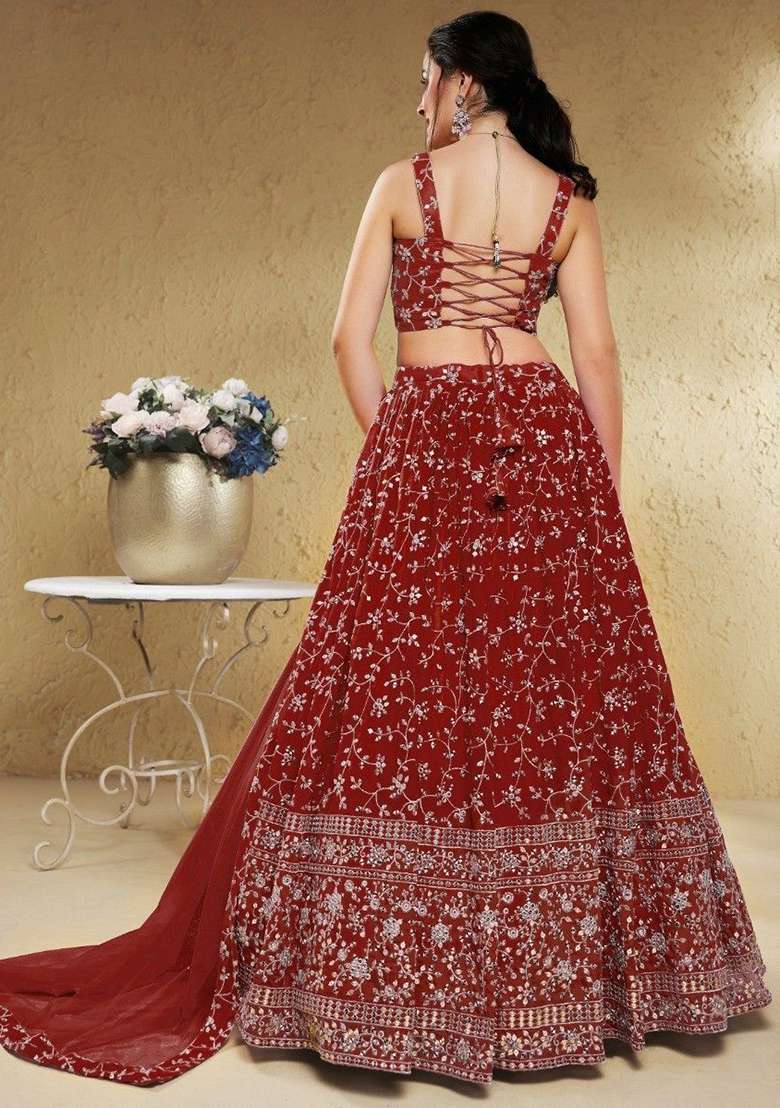 Red Georgette Lehenga Set with Embroidered for Diwali | Wedding & Festive Wear - Indya