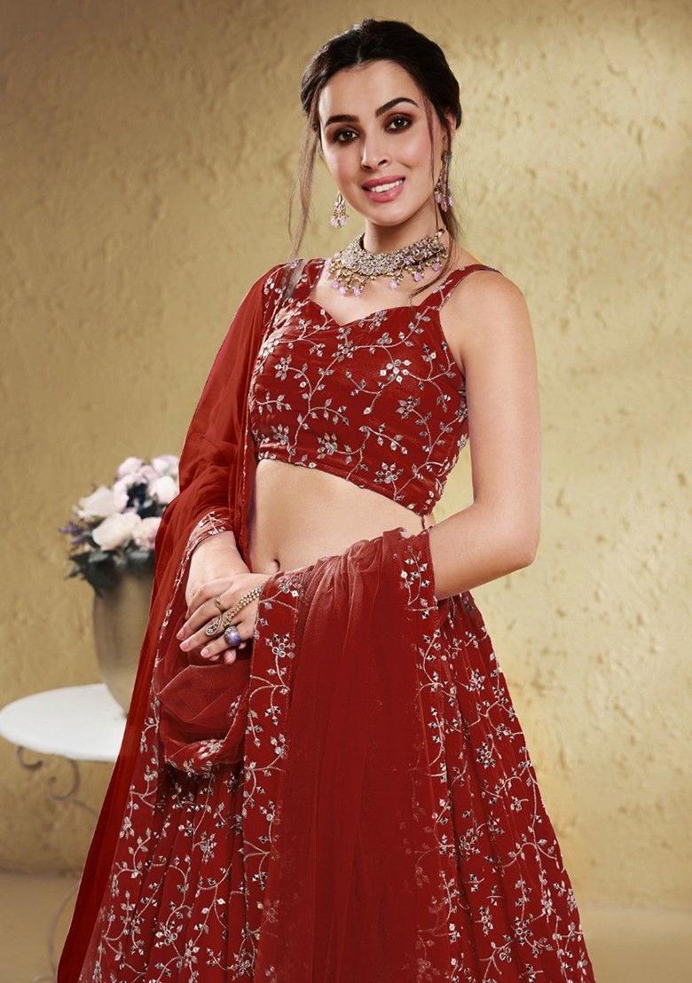 Red Embroidered Georgette Lehenga Set