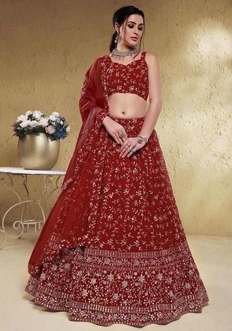 Red Embroidered Georgette Lehenga Set