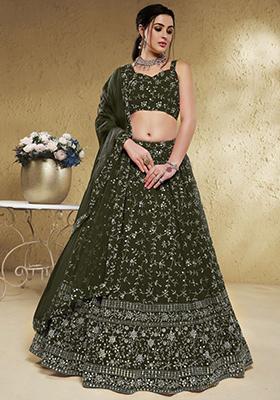 Green Embroidered Georgette Lehenga Set