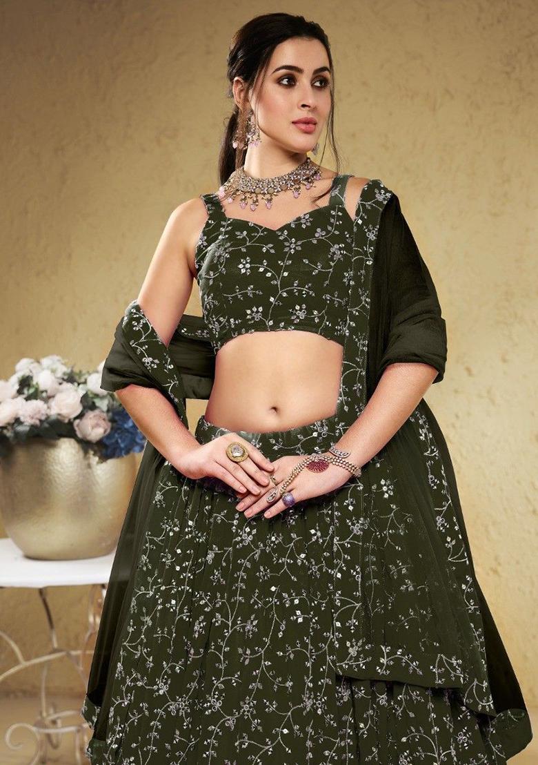 Green Embroidered Georgette Lehenga Set