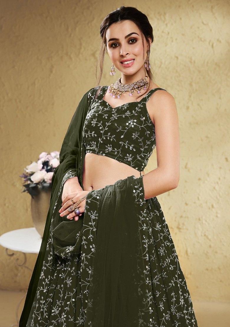 Green Embroidered Georgette Lehenga Set