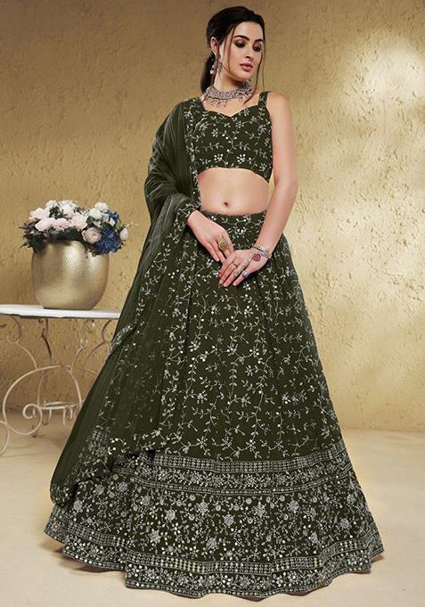 Green Embroidered Georgette Lehenga Set