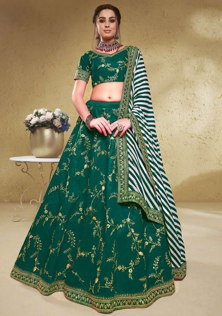 Green Embroidered Silk Blend Lehenga Set - Indya