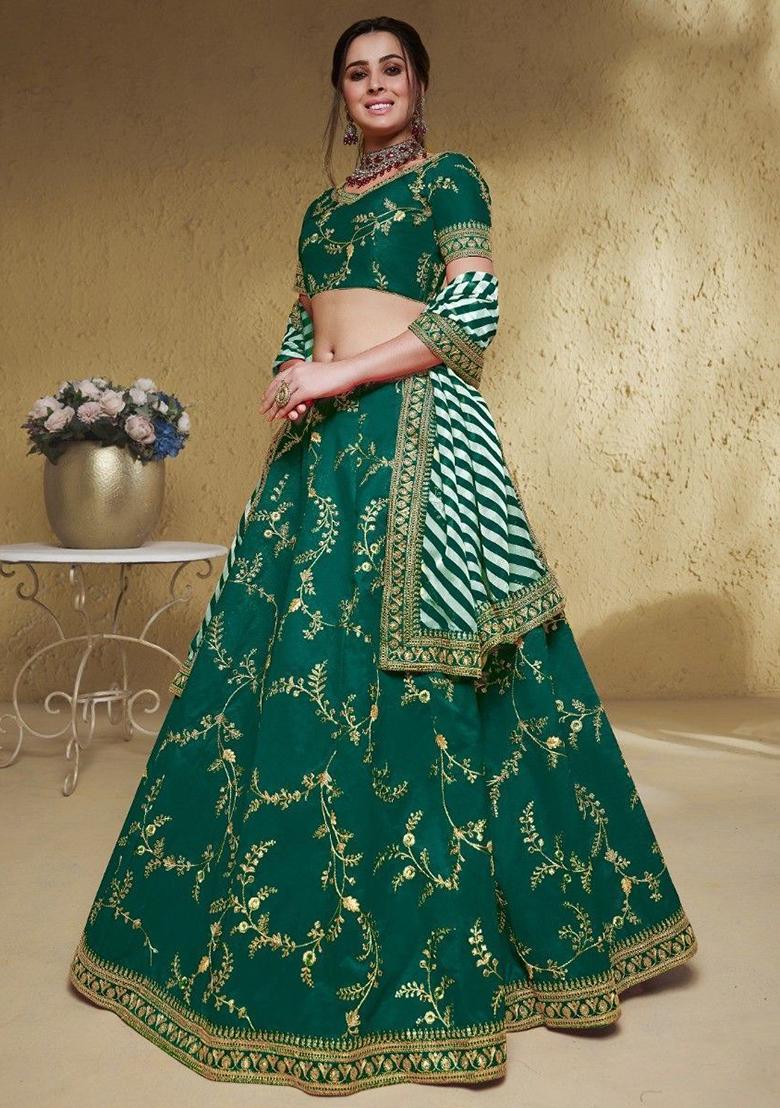Green Embroidered Silk Lehenga Set