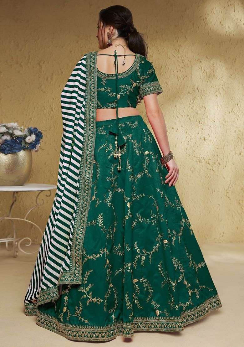 Green Embroidered Silk Blend Lehenga Set - Indya