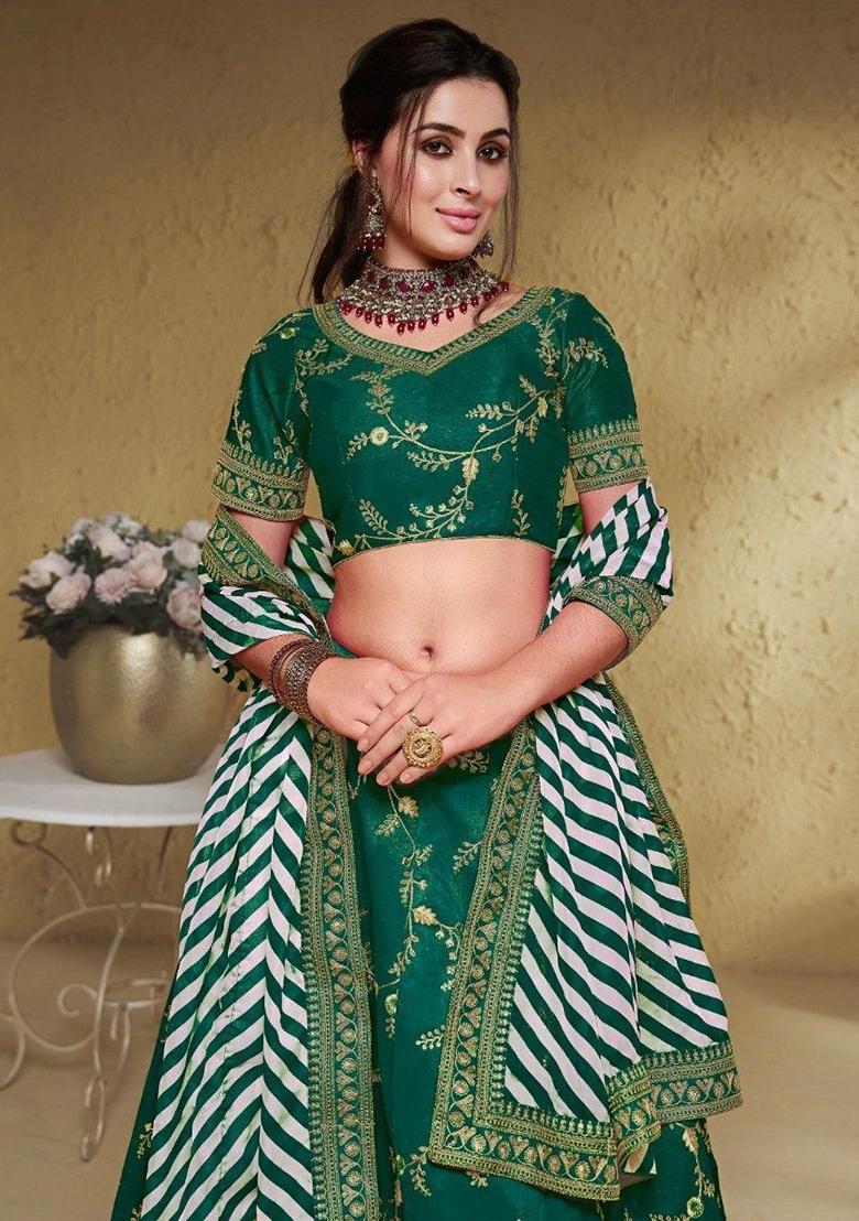 Green Embroidered Silk Lehenga Set