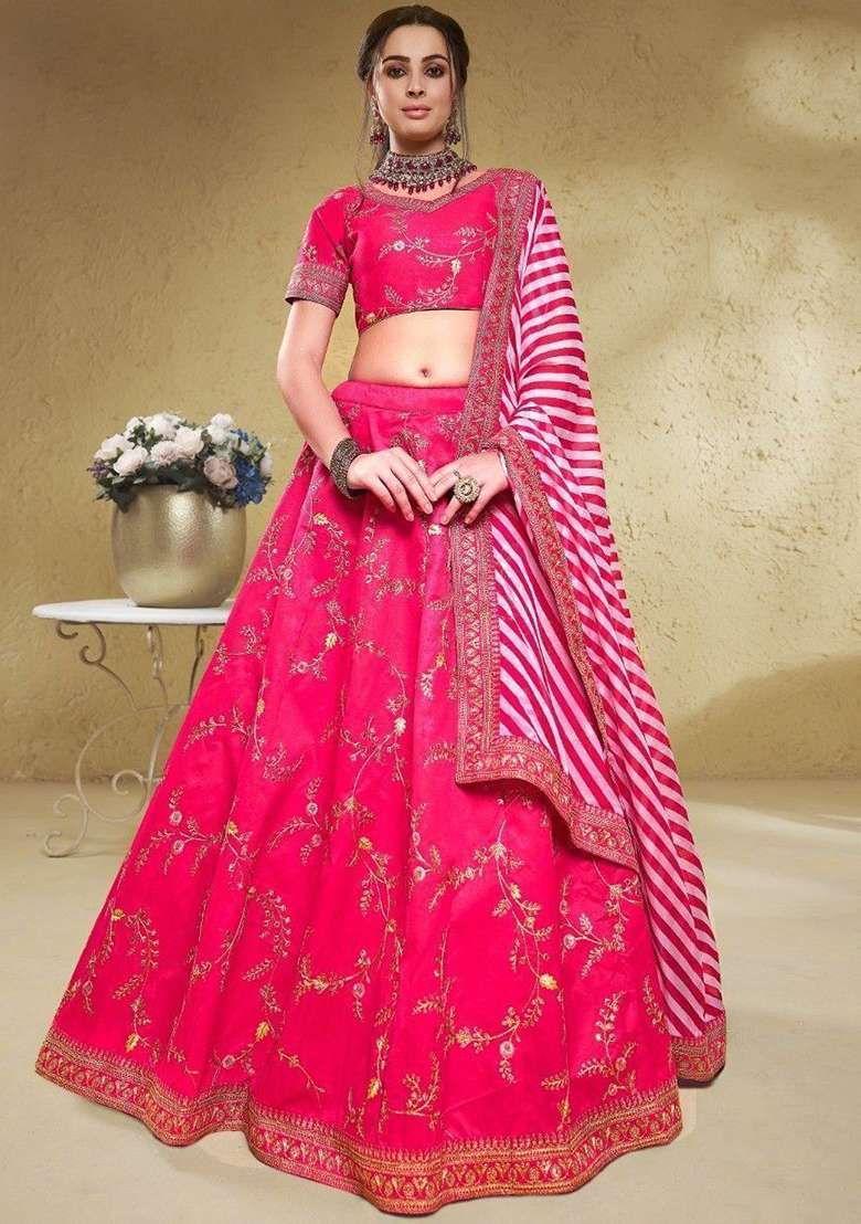 Pink Embroidered Silk Blend Lehenga Set for Diwali and Festive Wear - Indya