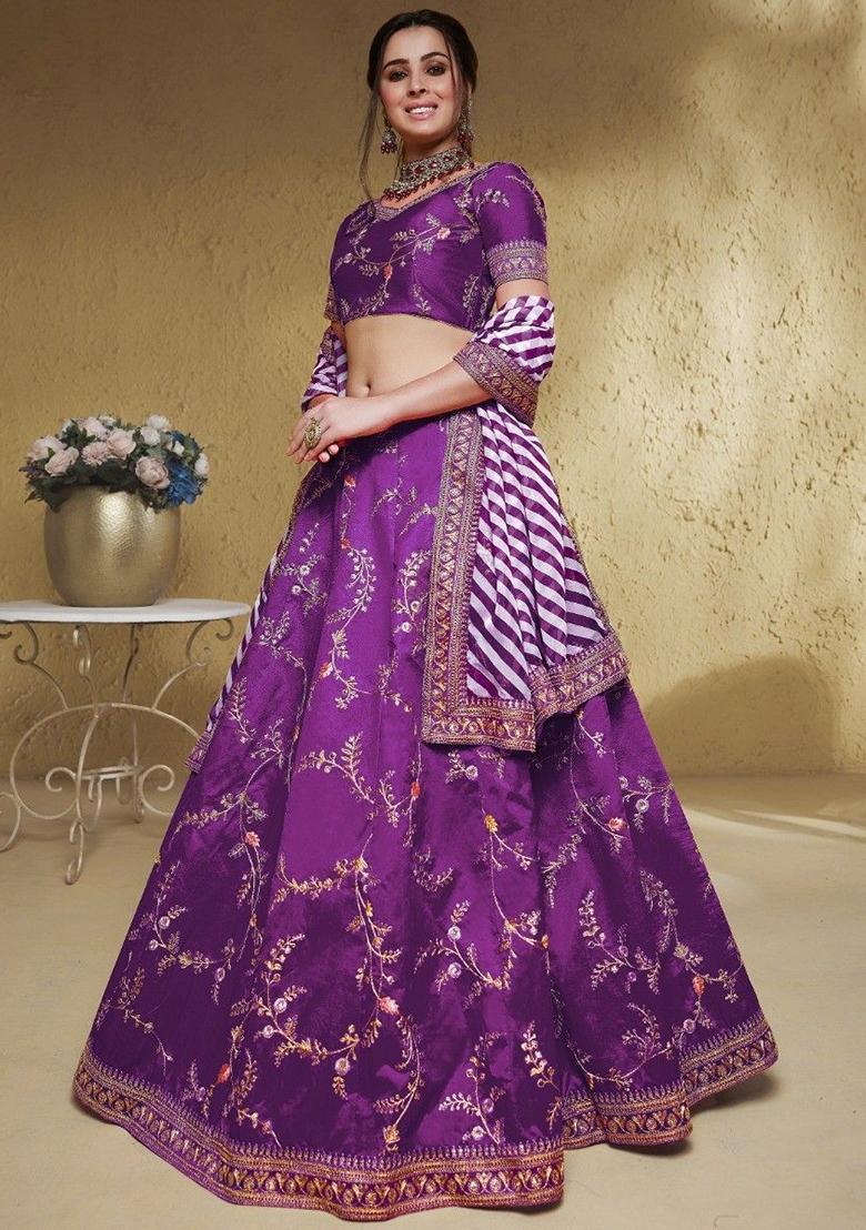 Purple Embroidered Silk Lehenga Set