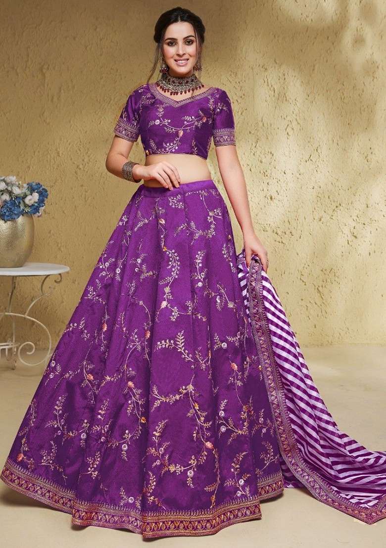 Purple Silk Blend Lehenga Set with Embroidered for Diwali | Wedding & Festive Wear - Indya
