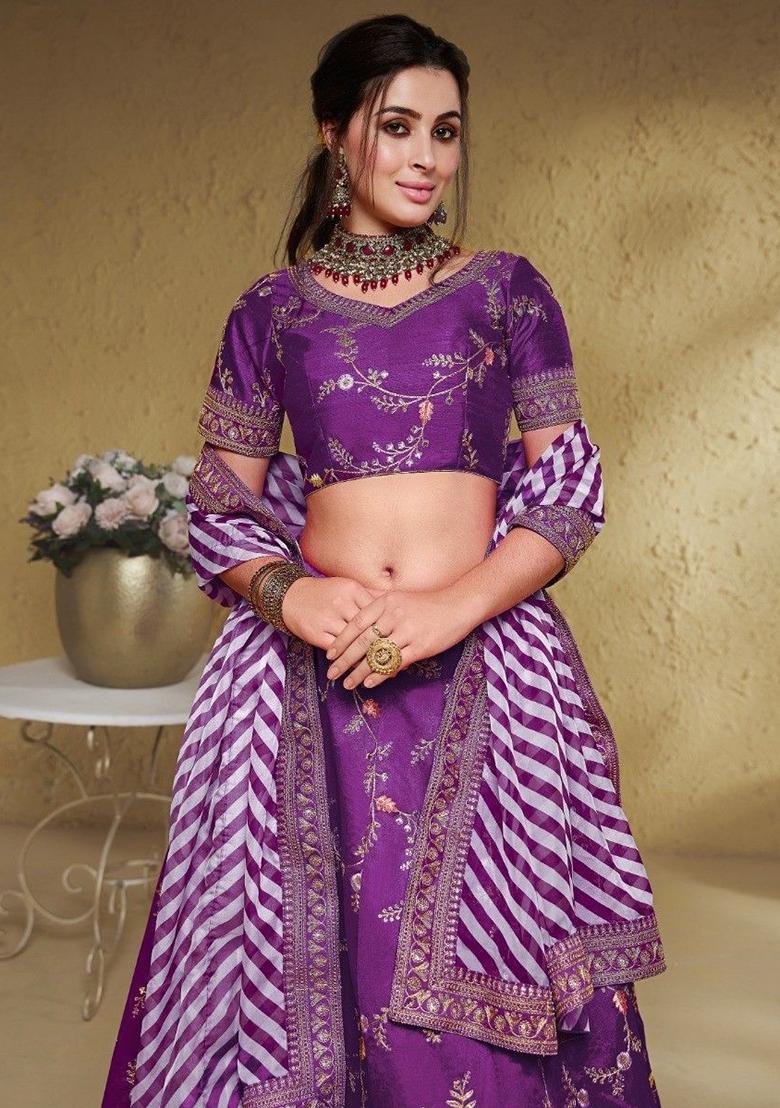 Purple Embroidered Silk Lehenga Set