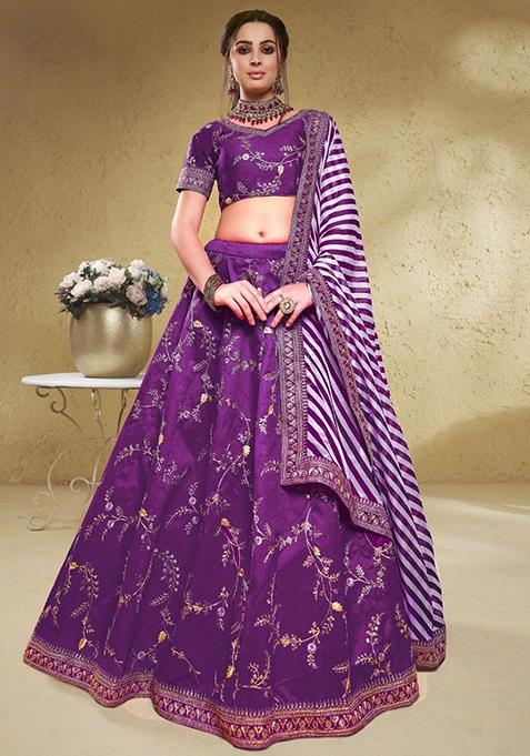 Purple Embroidered Silk Lehenga Set