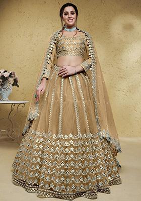 Beige Foil Print Net Lehenga Set