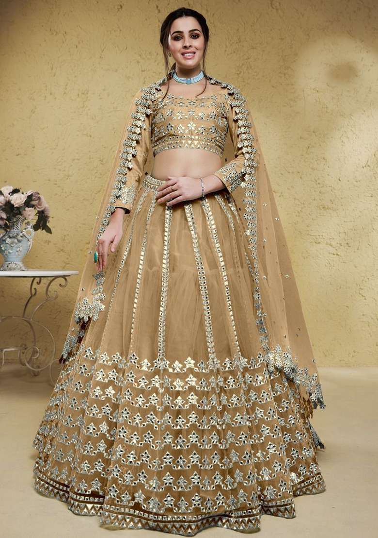 Beige Net Lehenga Set with Foil Print for Diwali | Wedding & Festive Wear - Indya