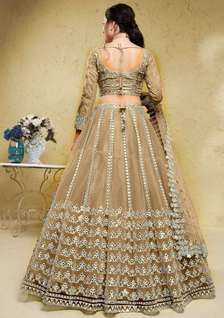Beige Net Lehenga Set with Foil Print for Diwali | Wedding & Festive Wear - Indya