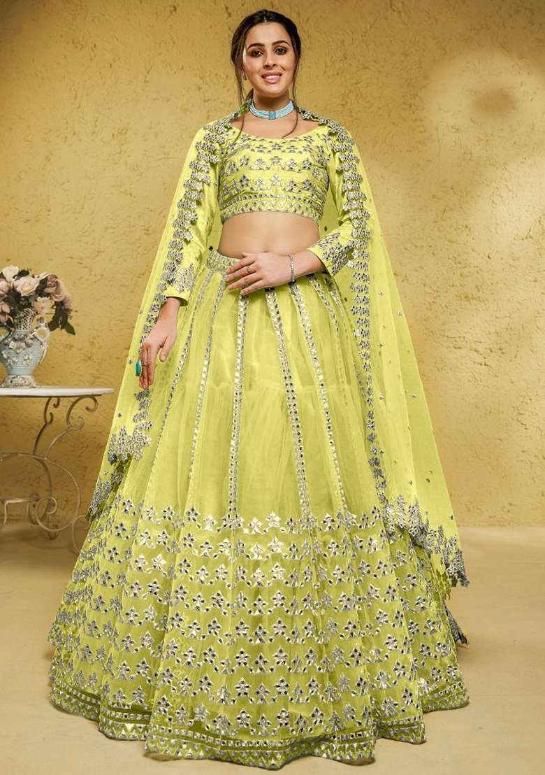 Yellow Net Lehenga Set with Foil Print for Diwali | Wedding & Festive Wear - Indya