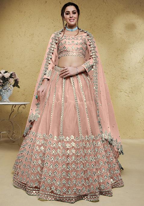 Pink Foil Print Net Lehenga Set