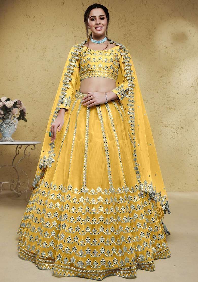 Yellow Foil Print Net Lehenga Set for Diwali and Festive Wear - Indya