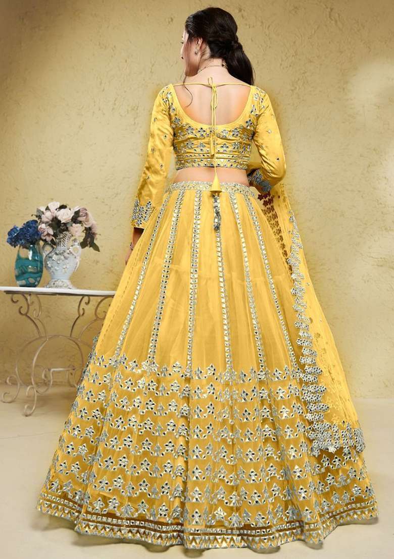 Yellow Foil Print Net Lehenga Set for Diwali and Festive Wear - Indya