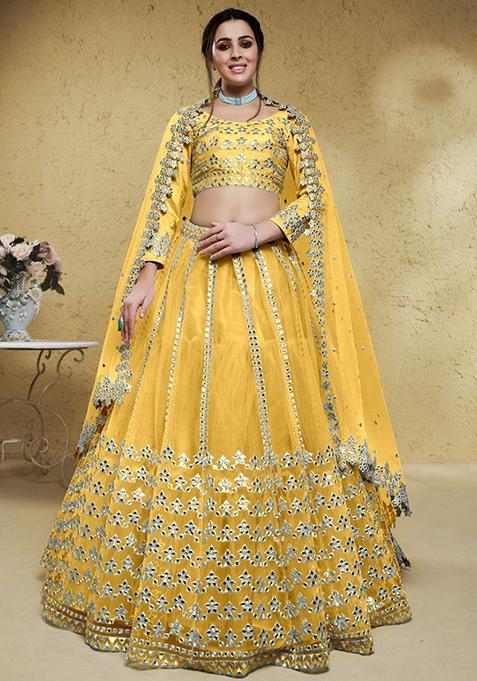 Yellow Foil Print Net Lehenga Set