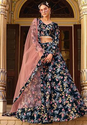 Black Floral Print Silk Lehenga Set
